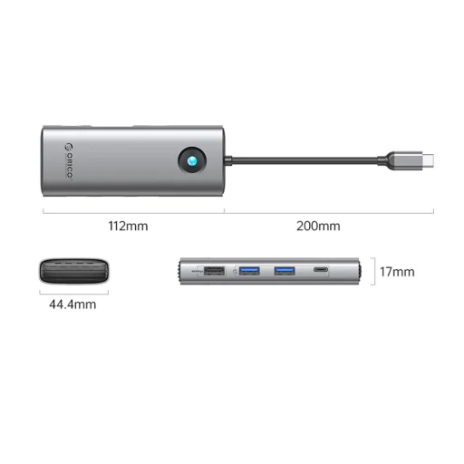 Orico PW11 8v1 USB-C dokovacia stanica 2x USB-A 3.0 1x USB-A 2.0 1x USB-C 3.0 1x USB-C PD 100W 1x HDMI 4K 60Hz 1x VGA 1080P 60Hz 1x RJ45 Gigabit Ethernet - sivá - 2