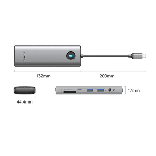 Orico PW11 9v1 USB-C dokovacia stanica 2x USB-A 3.0 1x USB-C 3.0 1x USB-C PD 100 1x HDMI 4K 60Hz 1x microSD/SD 1x RJ45 2,5G Ethernet 1x Audio 3,5 mm - Sivá - 2
