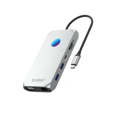 Orico XCR 12 v 1 RGB dokovacia stanica USB-C 3x USB-A 3.1 1x USB-A 2.0 1x USB-C PD 100 W 1x USB-C 3.1 1x HDMI 1.4 4K 30Hz 1x VGA 1080p 1x microSD/SD 3.0 1x RJ Gigabit Ethernet 1x Audio CTIA 3.5 mm - Strieborná