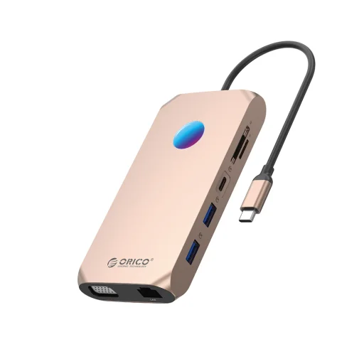 Orico XCR 12v1 RGB USB-C dokovacia stanica 2x USB-A 3.1 1x USB-A 2.0 1x USB-C PD 100W 1x USB-C 3.1 2x HDMI 2.0 4K 60Hz 1x VGA 1080p 1x microSD/SD 3.0 1x RJ Gigabit Ethernet 1x Audio CTIA 3,5mm - Rose Gold - 1