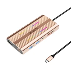 Orico XDR 12in1 RGB USB-C dokovacia stanica USB-A USB-C PD 100W 2x HDMI 4K 60Hz VGA RJ45 Gigabit čítačka SD a microSD kariet - Ružové zlato