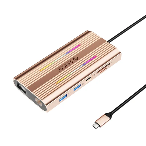 Orico XDR 12in1 RGB USB-C dokovacia stanica USB-A USB-C PD 100W 2x HDMI 4K 60Hz VGA RJ45 Gigabit čítačka SD a microSD kariet - Ružové zlato - 1