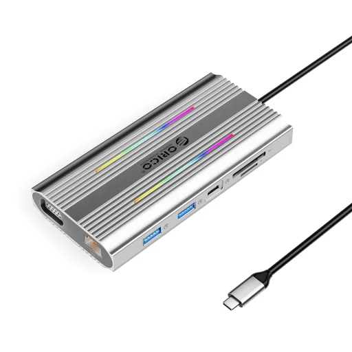 Orico XCR 12in1 RGB USB-C dokovacia stanica 3x USB-A USB-C PD 100W HDMI 4K VGA RJ45 Gigabit čítačka SD a microSD kariet - strieborná - 1
