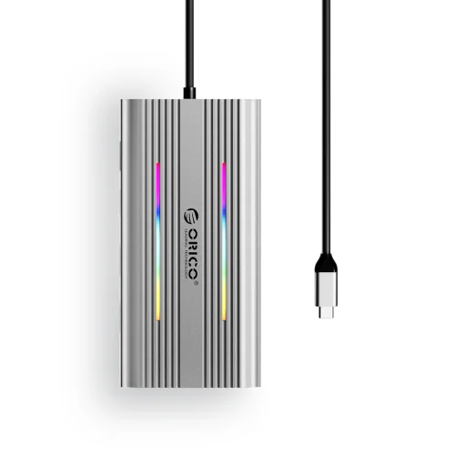Orico XCR 12in1 RGB USB-C dokovacia stanica 3x USB-A USB-C PD 100W HDMI 4K VGA RJ45 Gigabit čítačka SD a microSD kariet - strieborná - 2