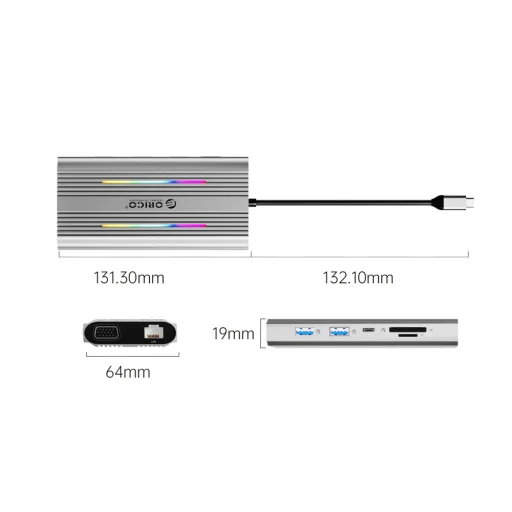 Orico XCR 12in1 RGB USB-C dokovacia stanica 3x USB-A USB-C PD 100W HDMI 4K VGA RJ45 Gigabit čítačka SD a microSD kariet - strieborná - 3