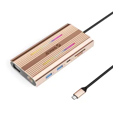 Orico XDR 12v1 RGB USB-C dokovacia stanica 3x USB-A USB-C PD 100W HDMI 4K VGA RJ45 Gigabit čítačka kariet SD a microSD - Ružovozlatá