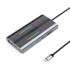 Orico XCR 12v1 RGB USB-C dokovacia stanica 3x USB-A USB-C PD 100W HDMI 4K VGA RJ45 Gigabit čítačka kariet SD a microSD - Sivá