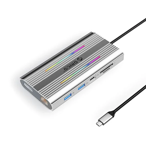 Orico XDR 12 v 1 RGB USB-C dokovacia stanica USB-A USB-C 2x HDMI 4K 60 Hz DisplayPort 4K 60 Hz RJ45 Gigabit PD 100W čítačka SD a microSD kariet - Strieborná - 1