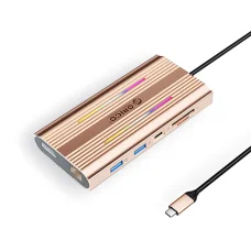 Orico XDR 12v1 RGB USB-C dokovacia stanica USB-A USB-C 2x HDMI 4K 60 Hz DisplayPort 4K 60 Hz RJ45 Gigabit PD 100W čítačka SD a microSD kariet - Rose Gold