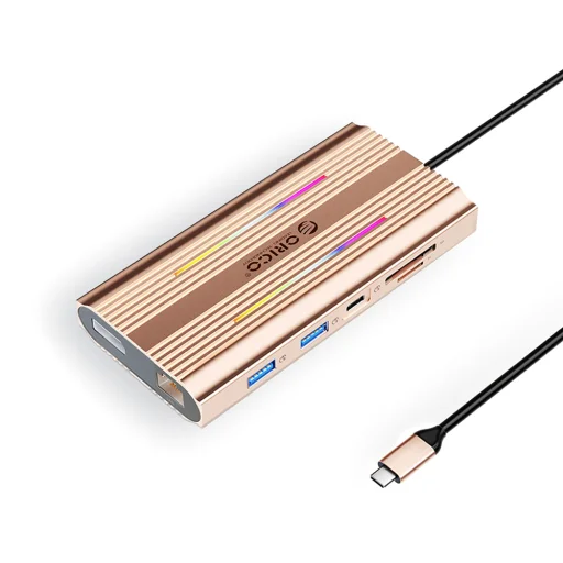 Orico XDR 12v1 RGB USB-C dokovacia stanica USB-A USB-C 2x HDMI 4K 60 Hz DisplayPort 4K 60 Hz RJ45 Gigabit PD 100W čítačka SD a microSD kariet - Rose Gold - 1