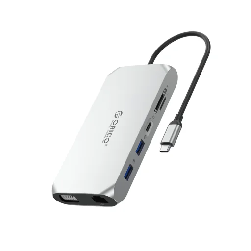 Orico XCR 12 v 1 USB-C dokovacia stanica 2x USB-A 3.1 1x USB-A 2.0 1x USB-C PD 100W 1x USB-C 3.1 2x HDMI 2.0 4K 60Hz 1x VGA 1080p 1x SD 3.0 1x microSD 3.0 1x RJ45 Gigabitový Ethernet 1x audio CTIA 3,5 mm - Sivá - 1