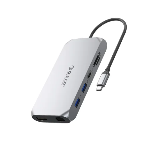 Orico XCR 12v1 USB-C dokovacia stanica 2x USB-A 3.1 1x USB-A 2.0 1x USB-C PD 100W 1x USB-C 3.1 2x HDMI 2.0 4K 60Hz 1x DisplayPort 1.4 4K 60Hz 1x SD 3.0 1x microSD 3.0 1x RJ45 Gigabit Ethernet 1x audio CTIA 3,5mm - Sivá - 1