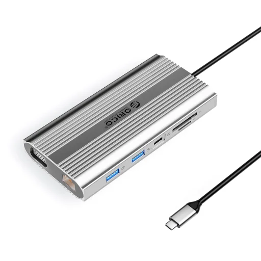 Orico XDR 12in1 USB-C dokovacia stanica USB-A USB-C HDMI 4K VGA RJ45 Gigabit PD 100W čítačka kariet SD a microSD - strieborná - 1