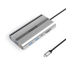 Orico XDR 12v1 USB-C dokovacia stanica USB-A USB-C 2x HDMI 4K 60Hz DisplayPort 4K 60Hz RJ45 Gigabit PD 100W čítačka SD a microSD kariet - Strieborná