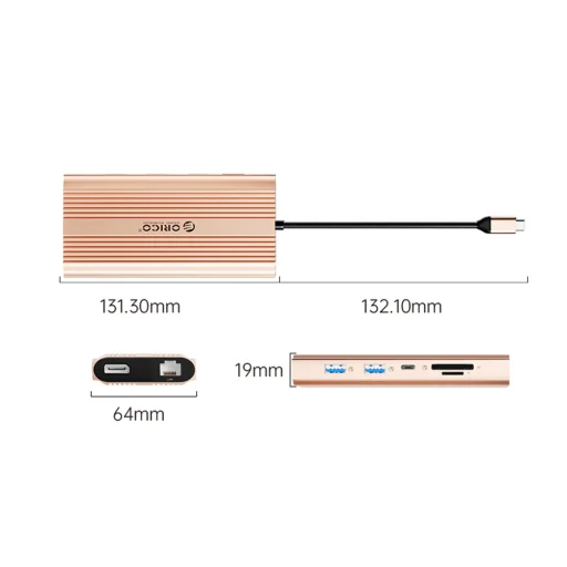 Orico XDR 12in1 USB-C dokovacia stanica USB-A USB-C 2x HDMI 4K 60Hz DisplayPort 4K 60Hz RJ45 Gigabit PD 100W čítačka SD a microSD kariet - ružovozlatá - 2