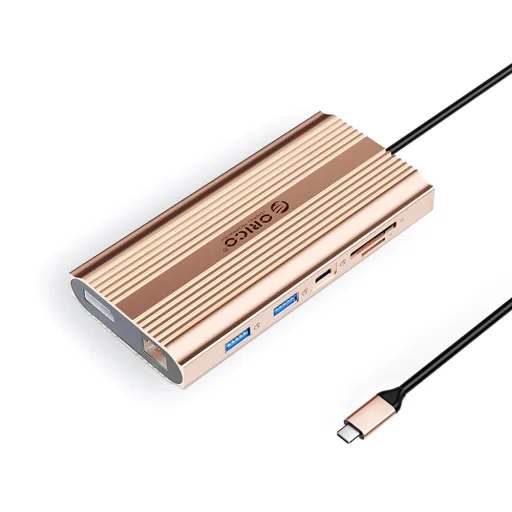 Orico XDR 12in1 USB-C dokovacia stanica USB-A USB-C 2x HDMI 4K 60Hz DisplayPort 4K 60Hz RJ45 Gigabit PD 100W čítačka SD a microSD kariet - ružovozlatá - 1