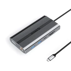 Orico XDR 12 v 1 USB-C dokovacia stanica USB-A USB-C 2x HDMI 4K 60Hz DisplayPort 4K 60Hz RJ45 Gigabit PD 100W čítačka SD a microSD kariet - sivá