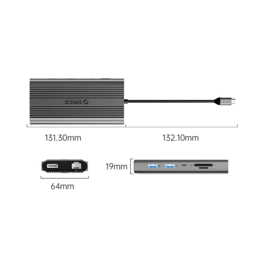 Orico XDR 12 v 1 USB-C dokovacia stanica USB-A USB-C 2x HDMI 4K 60Hz DisplayPort 4K 60Hz RJ45 Gigabit PD 100W čítačka SD a microSD kariet - sivá - 2