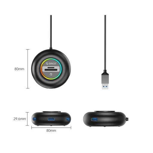 Orico YXR5-U3 RGB USB Hub 4-portový USB-A 3.0 čítačka SD a microSD kariet 0.3m - čierny - 2