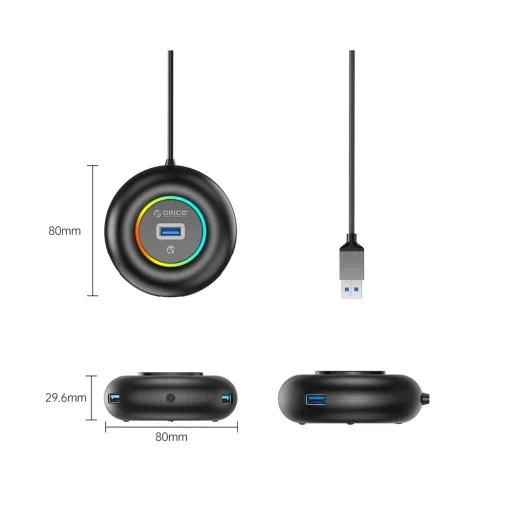 Orico YXR4-U3 RGB USB Hub 4-Port USB-A 3.0 audio/mikrofon porttal 0,3m - Fekete - 2