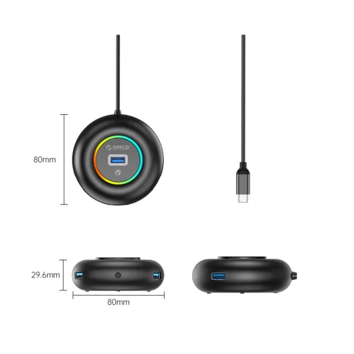 Orico YXR4-C3 RGB USB Hub 4-portový USB-A 3.0 s audio/mikrofónnym portom 0,3m - čierny - 2
