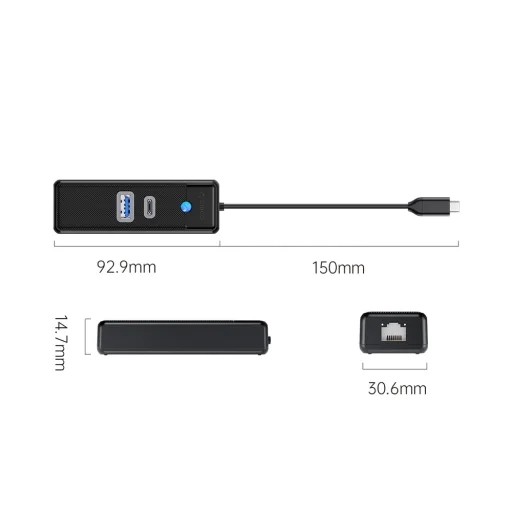 Orico PWCUR-C3 3-portový USB hub 1x USB-A 3.0 1x USB-C 3.0 1x RJ45 Gigabit Ethernet 0.15 m - čierny - 3