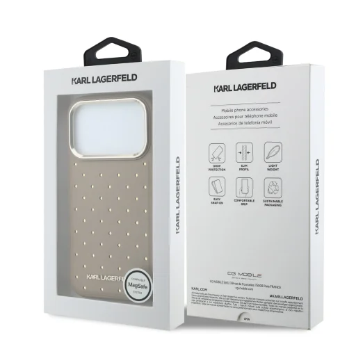 Karl Lagerfeld PU Perforated Gold Dots MagSafe puzdro pre iPhone 17 Pro Béžové - 7