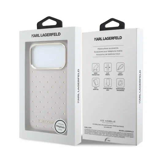 Karl Lagerfeld PU Perforated Zlaté bodky MagSafe kryt pre iPhone 17 Pro Max ružový kryt - 7