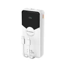 Wozinsky WFC-15W 20000mAh 22.5W PD20W Powerbank beépített Lightning és USB-C kábelekkel - Fehér