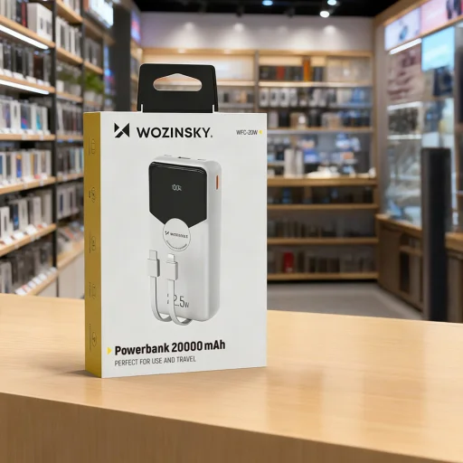 Wozinsky WFC-15W 20000mAh 22.5W PD20W Powerbank beépített Lightning és USB-C kábelekkel - Fehér - 6