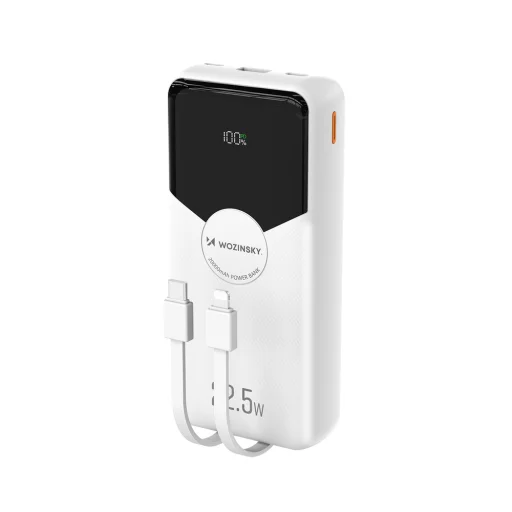 Wozinsky WFC-15W 20000mAh 22.5W PD20W Powerbanka so vstavanými káblami Lightning a USB-C - Biela - 1