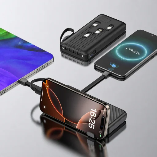 Wozinsky W11-B 10000mAh 10W Powerbank s vstavanými káblami a svietidlom - čierna - 2