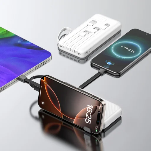 Wozinsky W11-W 10000mAh 10W Powerbank so zabudovanými káblami a svietidlom - Biela - 2