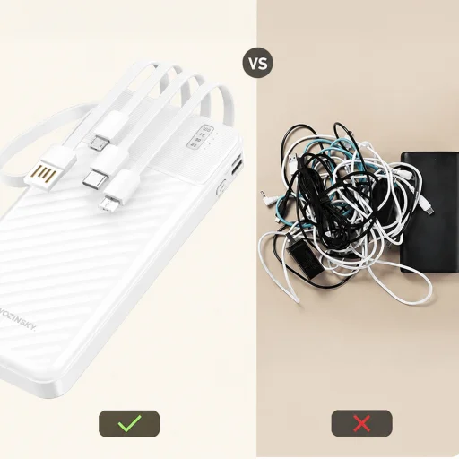 Wozinsky W11-W 10000mAh 10W Powerbank so zabudovanými káblami a svietidlom - Biela - 5