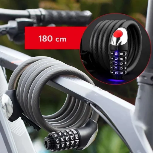 Zámok na bicykel Rockbros RKS531 – oceľové lanko, 5-miestna číselná kombinácia + LED, 180 cm - 4