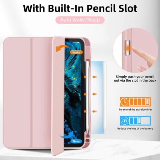 3-dielne TPU flipové puzdro z umelej kože na tablet s držiakom na stylus pre iPad 10.9 2022, iPad 11 2025 (ružové) - 5
