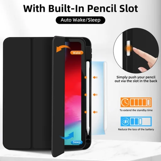 iPad 10.9 2022, iPad 11 2025 készülékhez való 3 részesen hajtható TPU fliptok műbőr tablet tok stylus tartóval (fekete) - 5