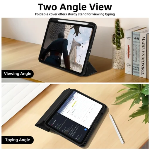 iPad 10.9 2022, iPad 11 2025 készülékhez való 3 részesen hajtható TPU fliptok műbőr tablet tok stylus tartóval (fekete) - 6