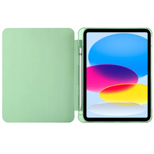iPad 10.9 2022, iPad 11 2025 készülékhez négy sarkán légzsákos, ütésálló, háromba hajtható táblagép bőrtok (matchazöld) tok stylus tartóval - 3