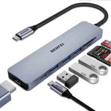BENFEI 7 v 1 USB-C hub adaptér so 4K HDMI, USB-C 100W PD, 3x USB-A, SD, microSD, sivý