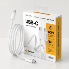 Alphajack USB-C USB-C 1MW- 60W adat és töltő kábel fehér 1m nylon borítással