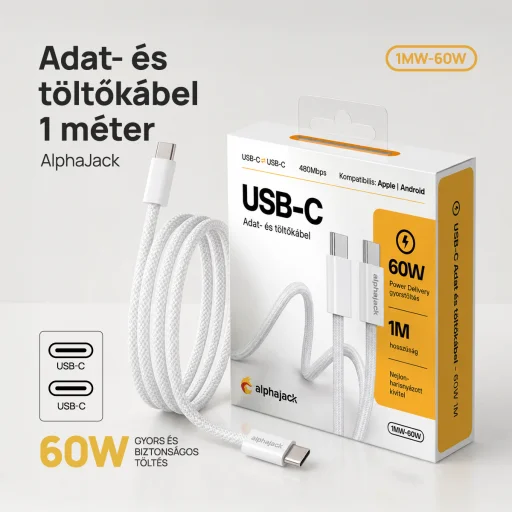 Alphajack USB-C USB-C 1MW- 60W dátový a nabíjací kábel biely 1m - 2