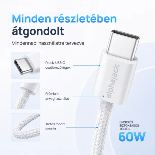 Alphajack USB-C USB-C 1MW- 60W dátový a nabíjací kábel biely 1m - 4