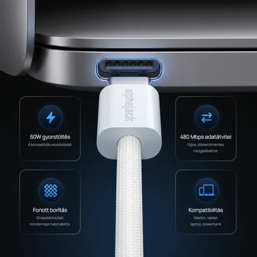 Alphajack USB-C USB-C 1MW- 60W dátový a nabíjací kábel biely 1m - 6