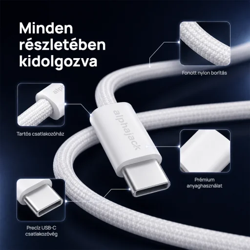Alphajack USB-C USB-C 1MW- 60W dátový a nabíjací kábel biely 1m - 7