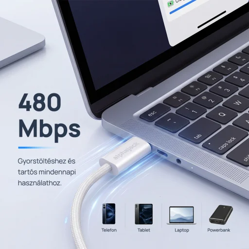 Alphajack USB-C USB-C 1MW- 60W dátový a nabíjací kábel biely 1m - 9