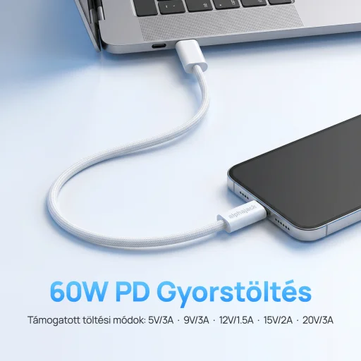 Alphajack USB-C USB-C 1MW- 60W dátový a nabíjací kábel biely 1m - 12