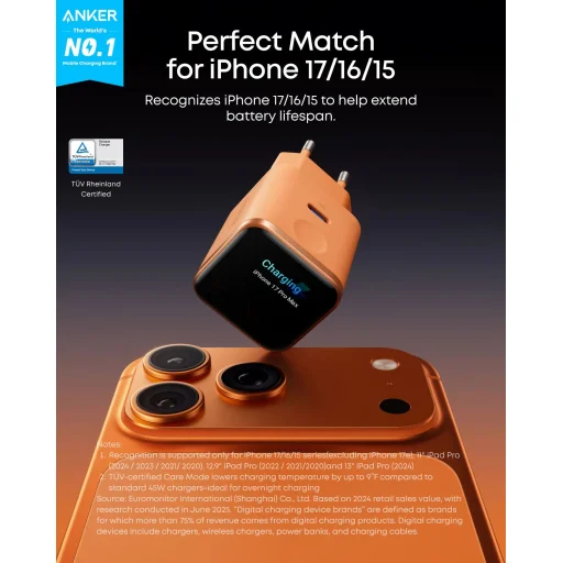 Sieťová nabíjačka Anker Nano Display, 45W, 3A, 1 x USB-C, oranžová A121DGO1 - 6