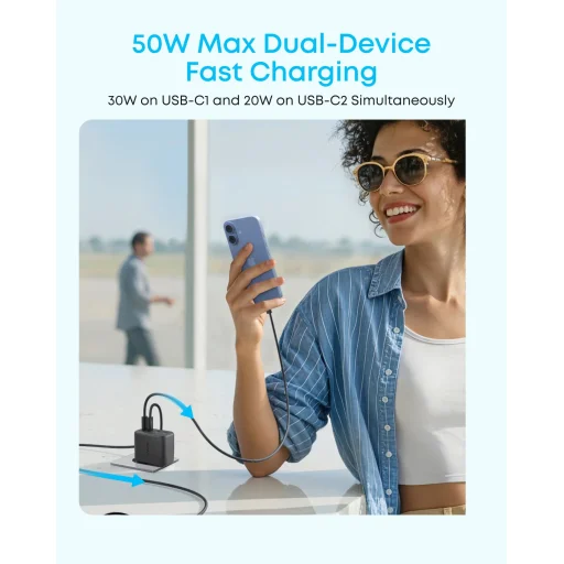 Sieťová nabíjačka Anker Zolo, 50W, 3A, 2 x USB-A - 2 x USB-C, čierna - 6