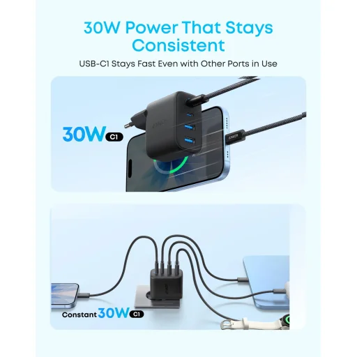 Sieťová nabíjačka Anker Zolo, 50W, 3A, 2 x USB-A - 2 x USB-C, čierna - 4